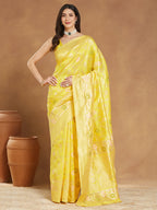 Janasya Yellow Silk Blend Floral Jacquard Saree - Distacart