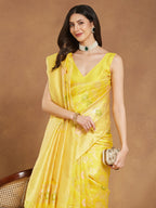 Janasya Yellow Silk Blend Floral Jacquard Saree - Distacart