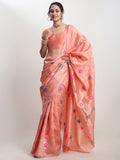 Janasya Peach Silk Blend Floral Jacquard Saree - Distacart
