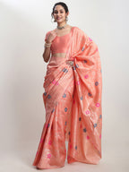 Janasya Peach Silk Blend Floral Jacquard Saree - Distacart