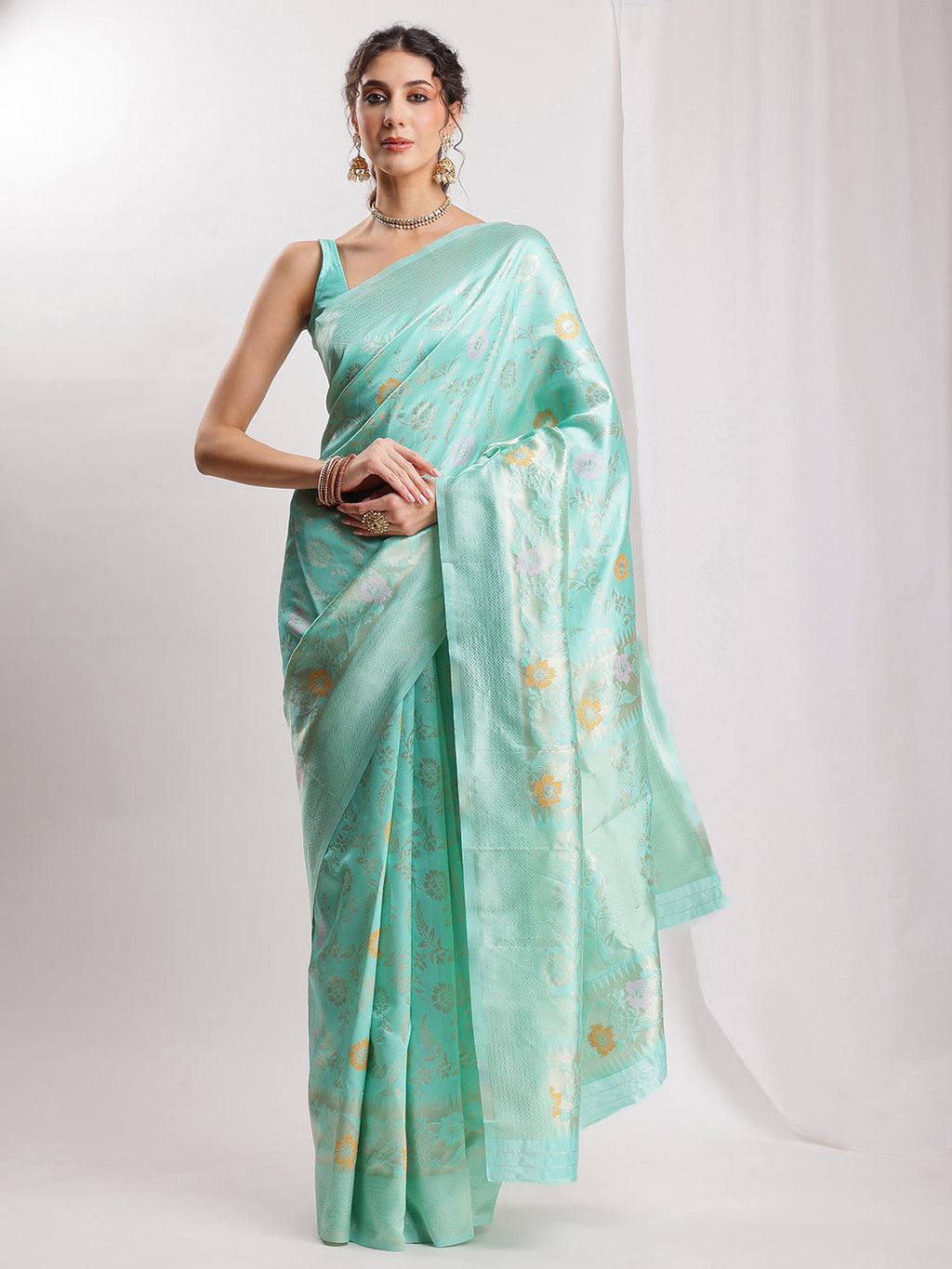 Janasya Sea Green Silk Blend Floral Jacquard Saree - Distacart