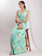 Janasya Sea Green Silk Blend Floral Jacquard Saree - Distacart