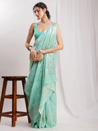 Janasya Sea Green Silk Blend Floral Jacquard Saree - Distacart