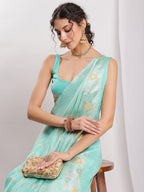 Janasya Sea Green Silk Blend Floral Jacquard Saree - Distacart