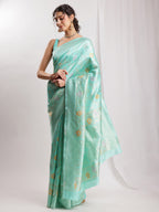 Janasya Sea Green Silk Blend Floral Jacquard Saree - Distacart