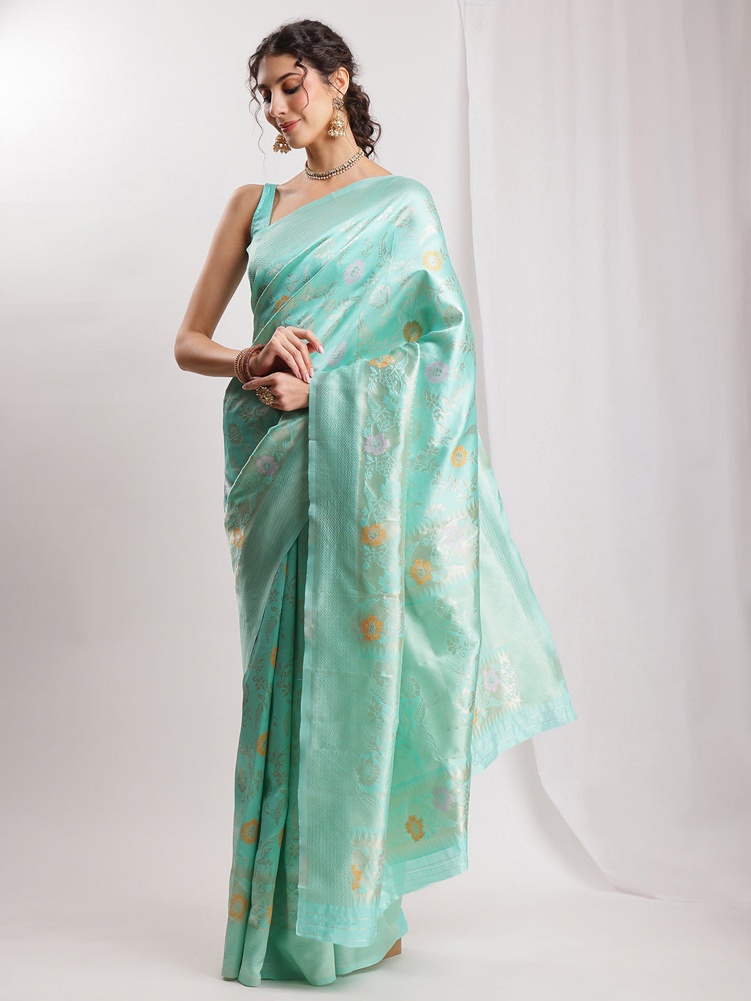 Janasya Sea Green Silk Blend Floral Jacquard Saree - Distacart