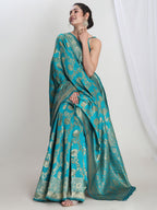 Janasya Teal Blue Silk Blend Floral Jacquard Saree - Distacart