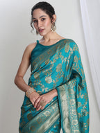 Janasya Teal Blue Silk Blend Floral Jacquard Saree - Distacart