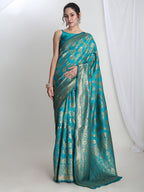 Janasya Teal Blue Silk Blend Floral Jacquard Saree - Distacart