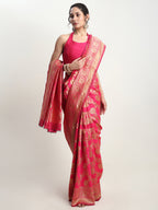 Janasya Pink Silk Blend Floral Jacquard Saree - Distacart