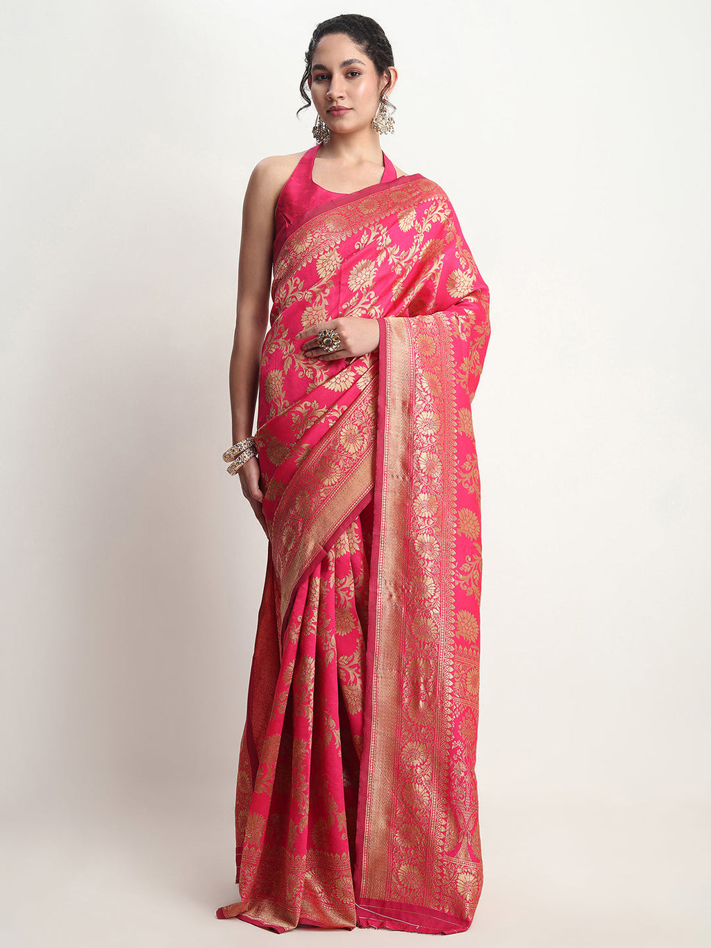 Janasya Pink Silk Blend Floral Jacquard Saree - Distacart