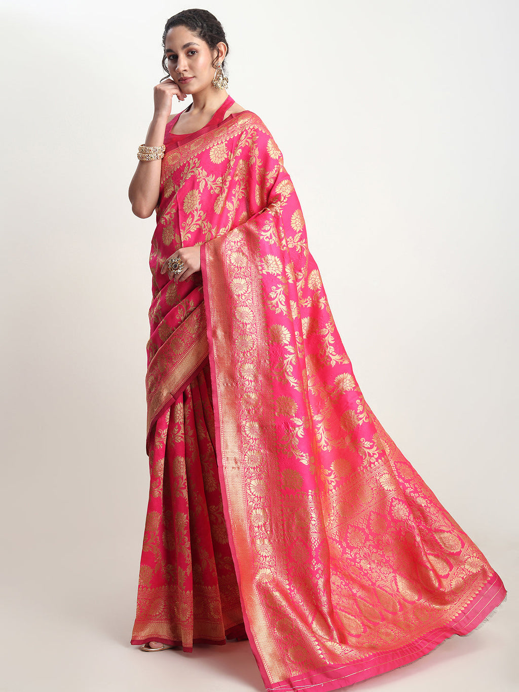 Janasya Pink Silk Blend Floral Jacquard Saree - Distacart