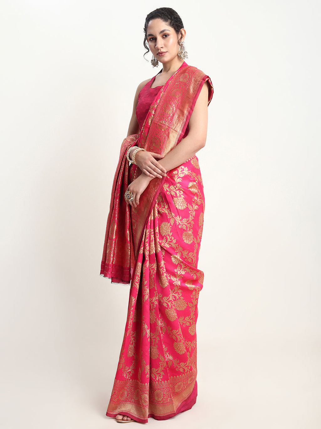 Janasya Pink Silk Blend Floral Jacquard Saree - Distacart