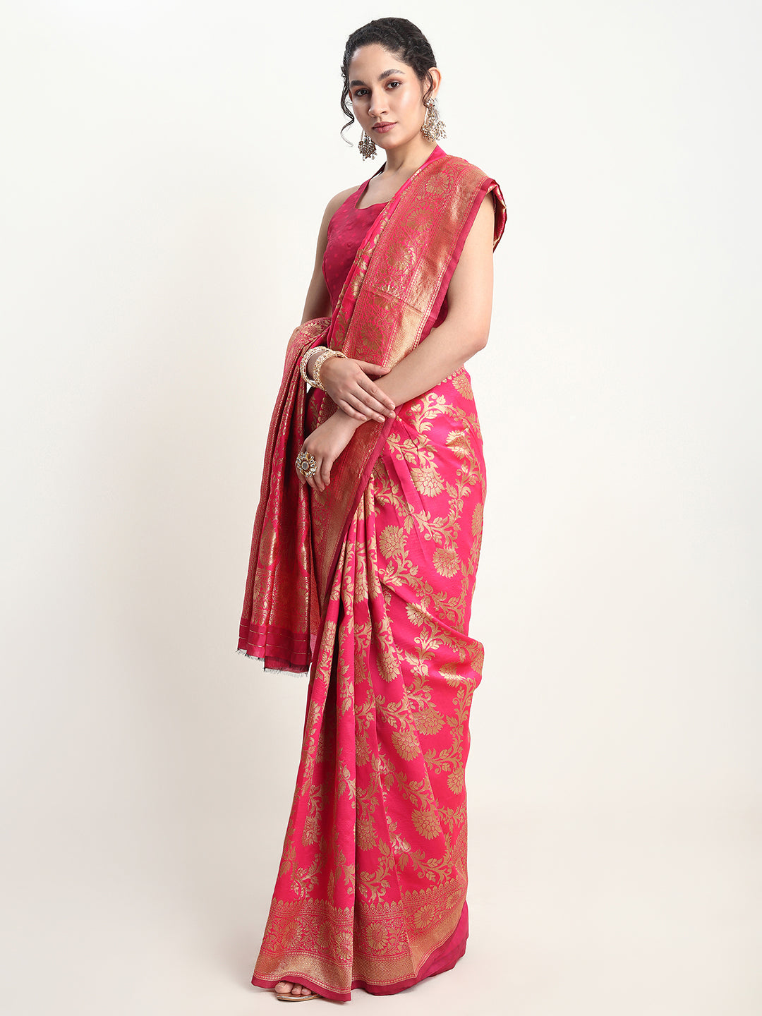 Janasya Pink Silk Blend Floral Jacquard Saree - Distacart
