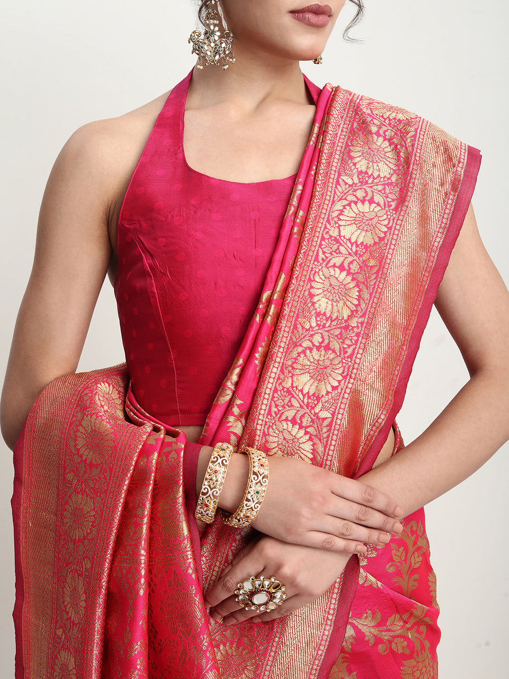 Janasya Pink Silk Blend Floral Jacquard Saree - Distacart