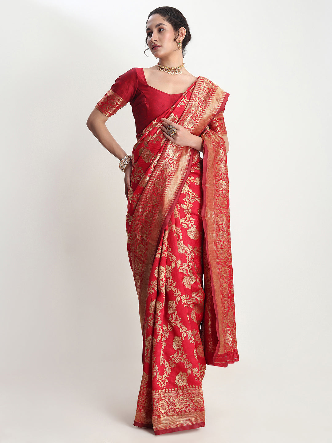 Janasya Red Silk Blend Floral Jacquard Saree - Distacart
