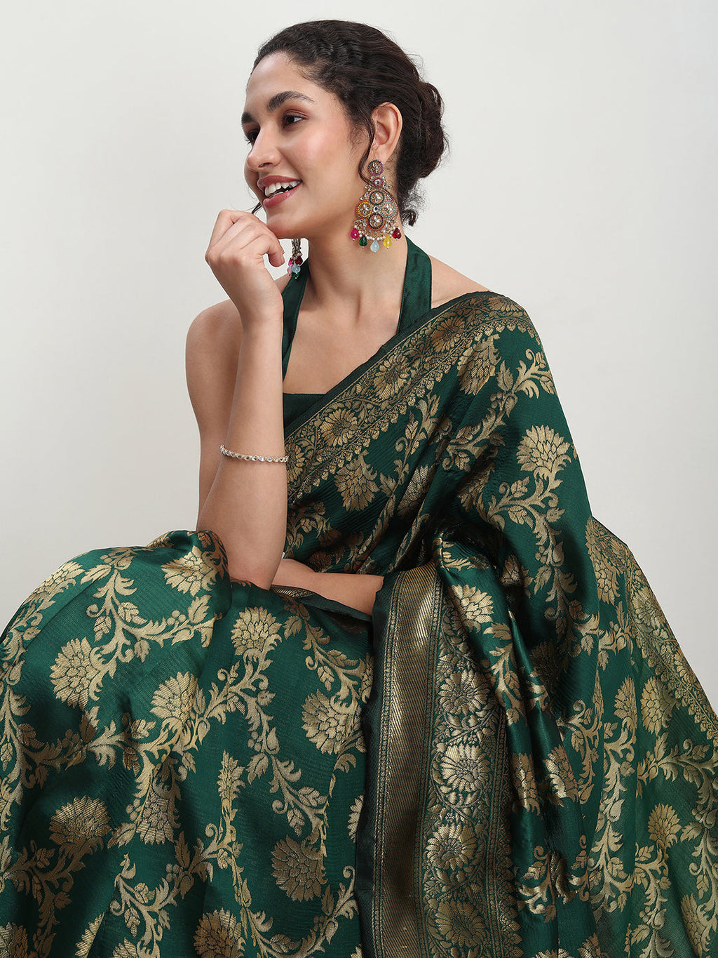 Janasya Dark Green Silk Blend Floral Jacquard Saree - Distacart