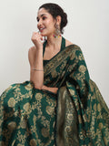 Janasya Dark Green Silk Blend Floral Jacquard Saree - Distacart