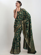 Janasya Dark Green Silk Blend Floral Jacquard Saree - Distacart
