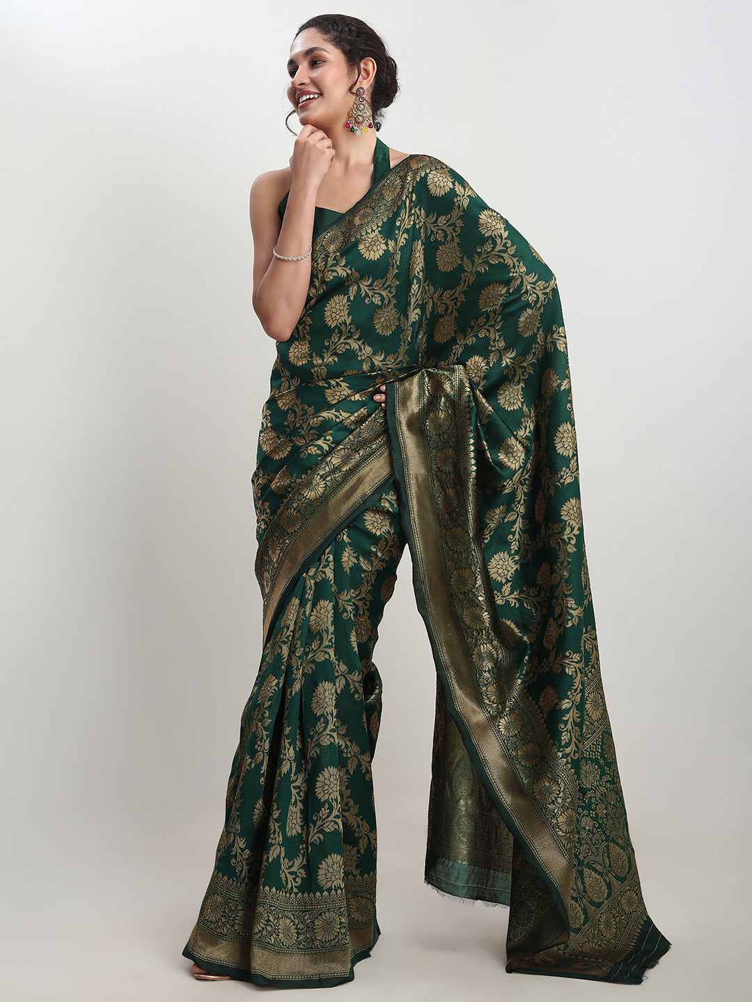 Janasya Dark Green Silk Blend Floral Jacquard Saree - Distacart