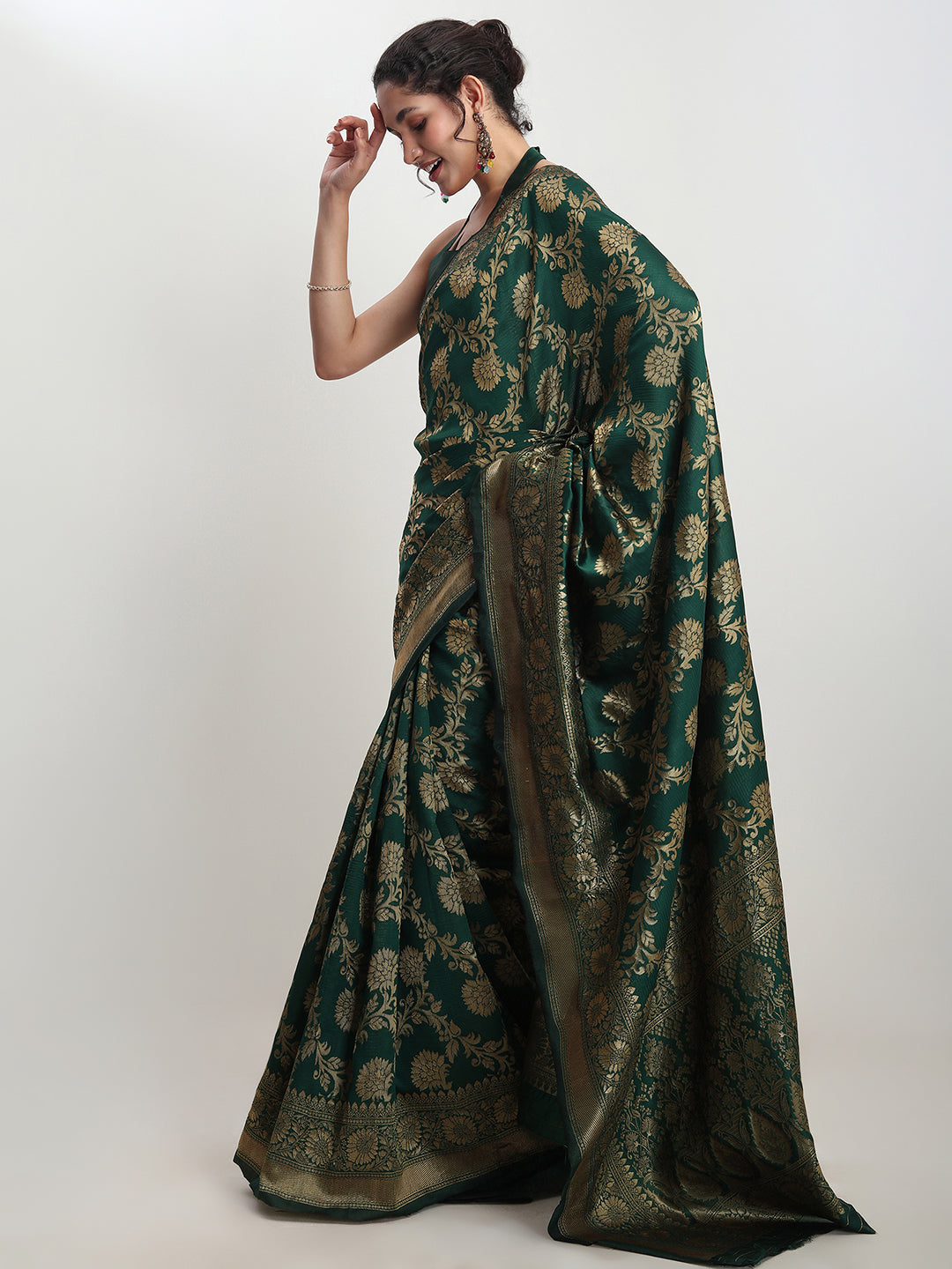 Janasya Dark Green Silk Blend Floral Jacquard Saree - Distacart