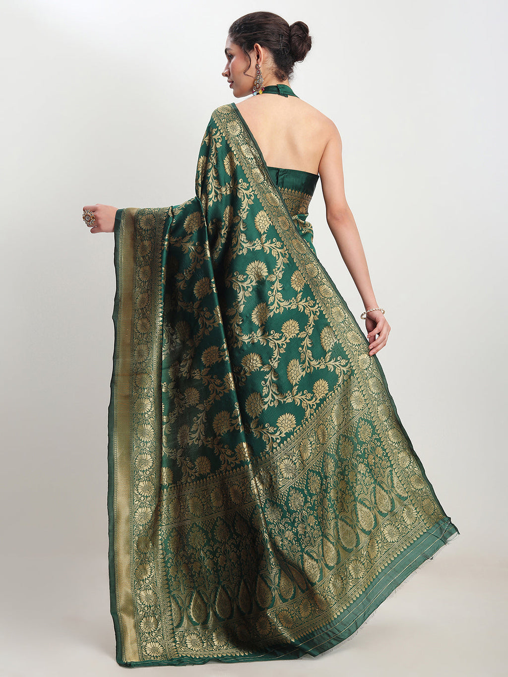 Janasya Dark Green Silk Blend Floral Jacquard Saree - Distacart