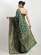 Janasya Dark Green Silk Blend Floral Jacquard Saree - Distacart