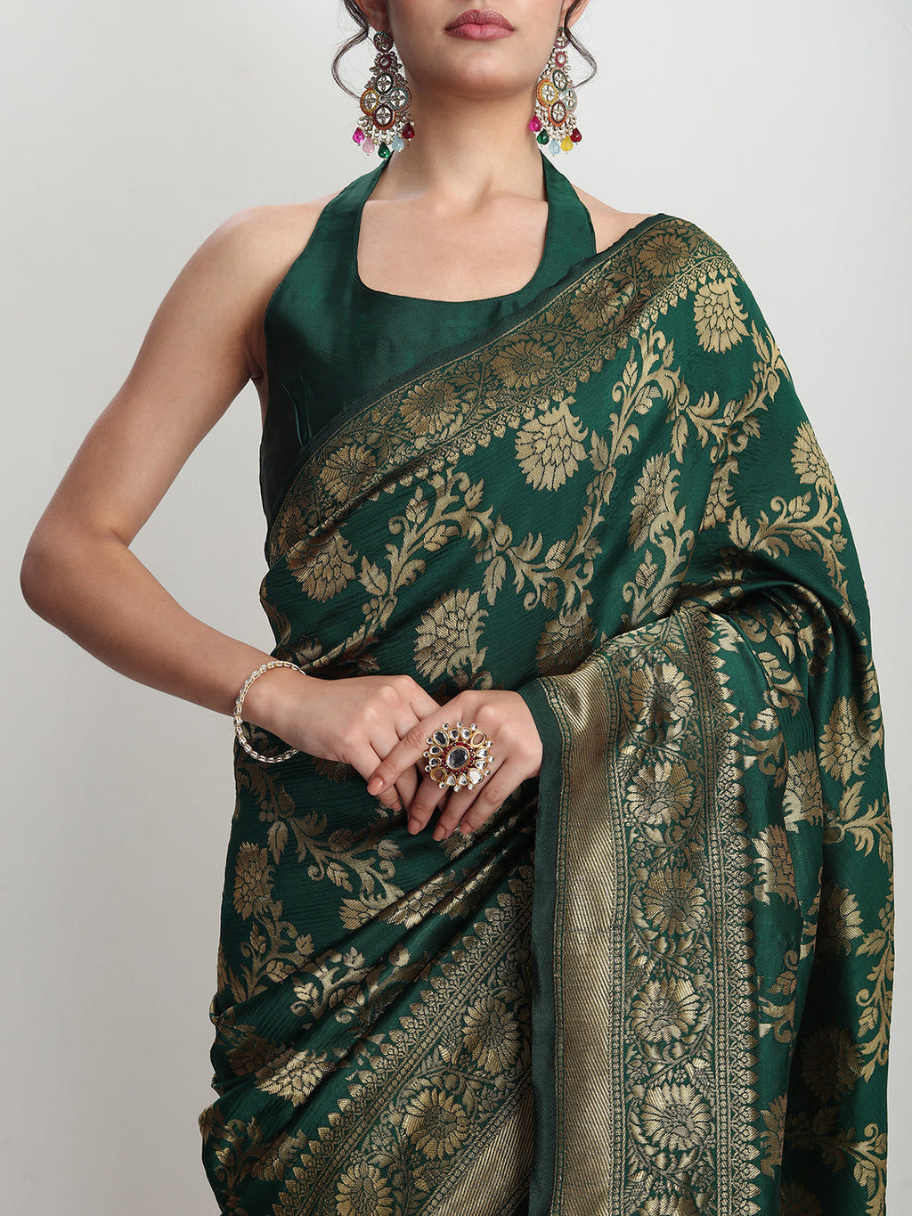 Janasya Dark Green Silk Blend Floral Jacquard Saree - Distacart