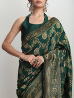 Janasya Dark Green Silk Blend Floral Jacquard Saree - Distacart