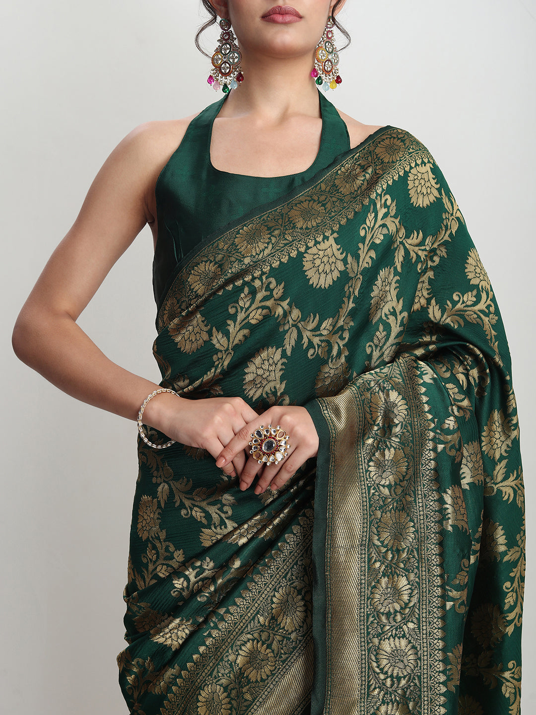 Janasya Dark Green Silk Blend Floral Jacquard Saree - Distacart