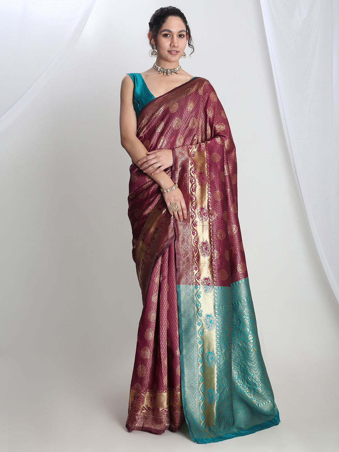 Janasya Purple Silk Blend Ethnic Motifs Jacquard Saree - Distacart