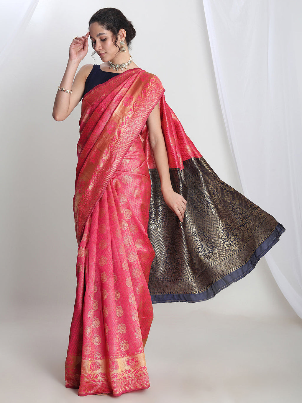 Janasya Pink Silk Blend Ethnic Motifs Jacquard Saree - Distacart