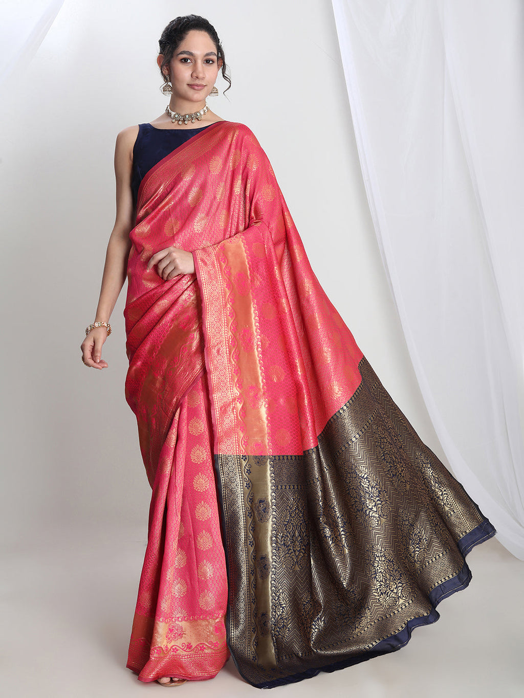 Janasya Pink Silk Blend Ethnic Motifs Jacquard Saree - Distacart