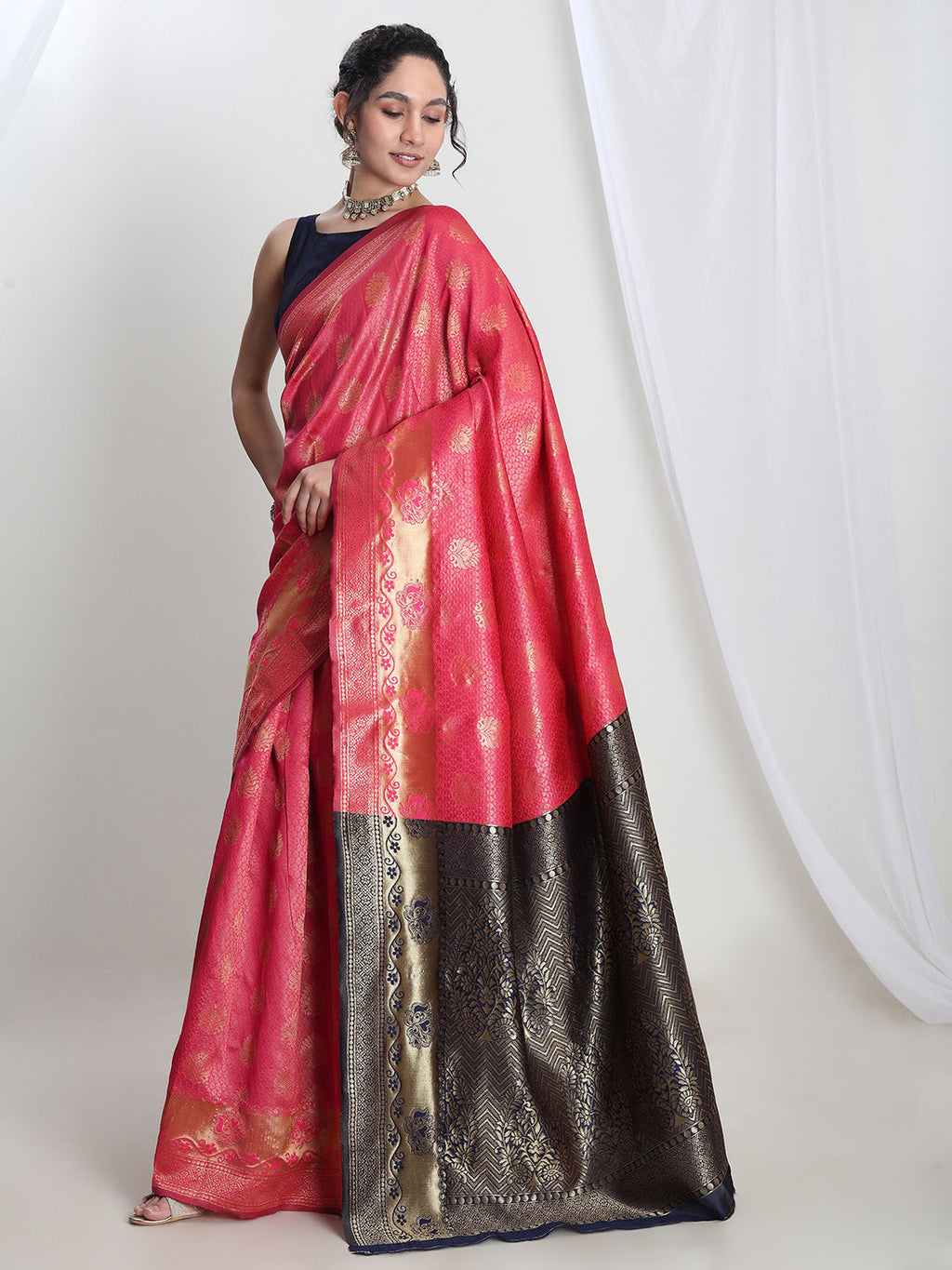 Janasya Pink Silk Blend Ethnic Motifs Jacquard Saree - Distacart