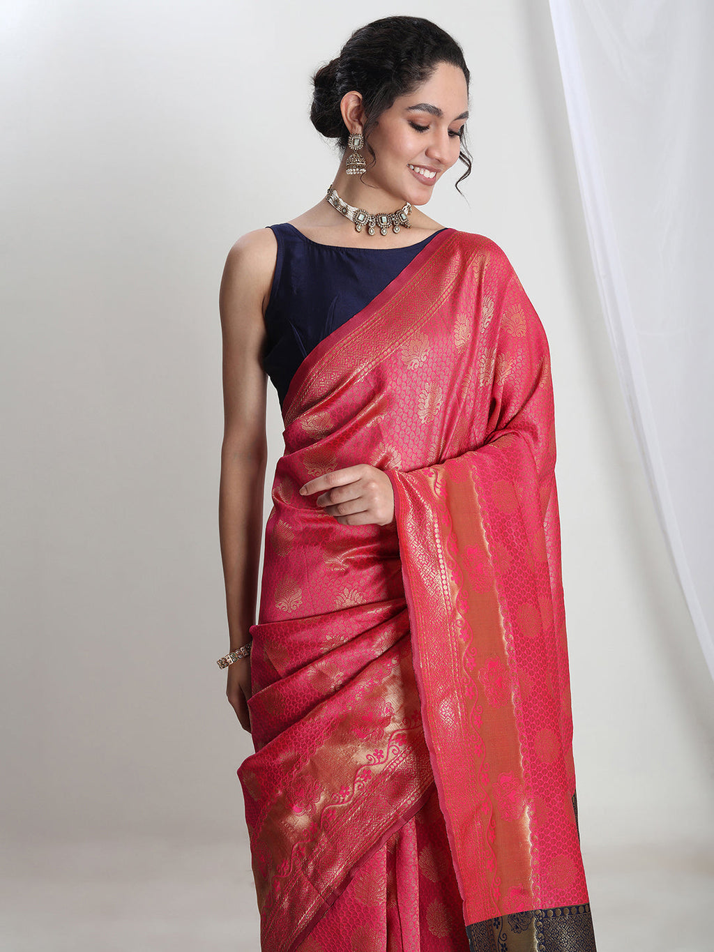 Janasya Pink Silk Blend Ethnic Motifs Jacquard Saree - Distacart