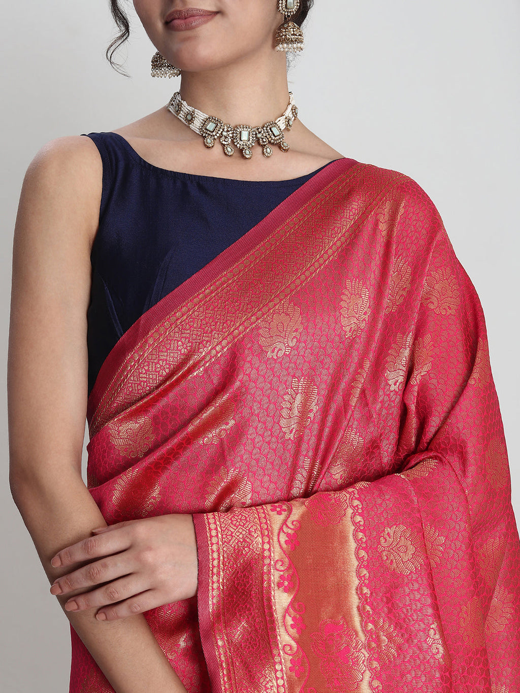 Janasya Pink Silk Blend Ethnic Motifs Jacquard Saree - Distacart