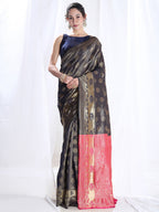 Janasya Navy Blue Silk Blend Ethnic Motifs Jacquard Saree - Distacart