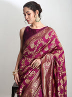 Janasya Purple Silk Blend Floral Jacquard Saree - Distacart