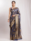 Janasya Navy Blue Silk Blend Floral Jacquard Saree - Distacart