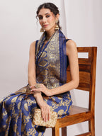 Janasya Navy Blue Silk Blend Floral Jacquard Saree - Distacart