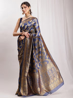 Janasya Navy Blue Silk Blend Floral Jacquard Saree - Distacart
