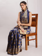 Janasya Navy Blue Silk Blend Floral Jacquard Saree - Distacart