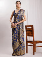 Janasya Navy Blue Silk Blend Floral Jacquard Saree - Distacart
