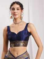 Janasya Navy Blue Silk Blend Floral Jacquard Saree - Distacart