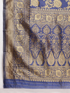 Janasya Navy Blue Silk Blend Floral Jacquard Saree - Distacart