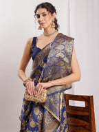 Janasya Navy Blue Silk Blend Floral Jacquard Saree - Distacart