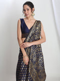 Janasya Navy Blue Silk Blend Geometric Jacquard Saree - Distacart