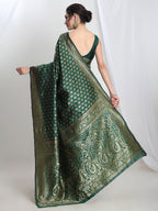 Janasya Dark Green Silk Blend Floral Jacquard Saree - Distacart