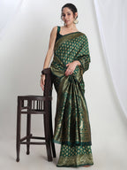 Janasya Dark Green Silk Blend Floral Jacquard Saree - Distacart