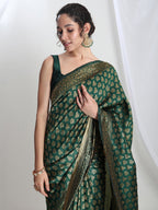 Janasya Dark Green Silk Blend Floral Jacquard Saree - Distacart